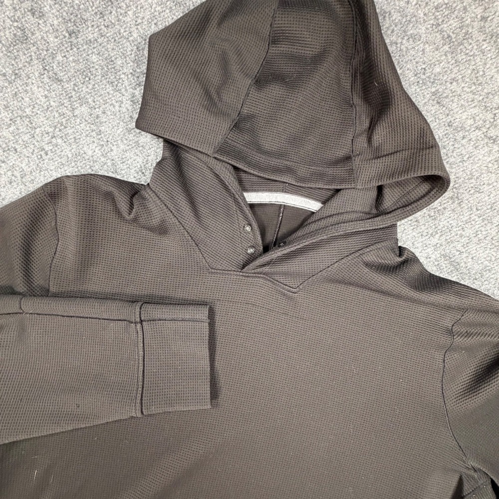 Lululemon Mens At Ease Hoodie Textured Waffle Knit Pullover Black Charcoal 0664